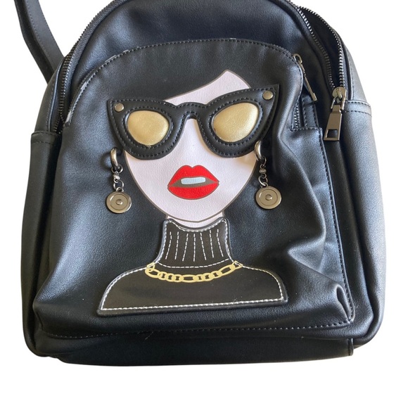 Black Designer Backpack with Fashionable Face Design - Picture 3 of 8